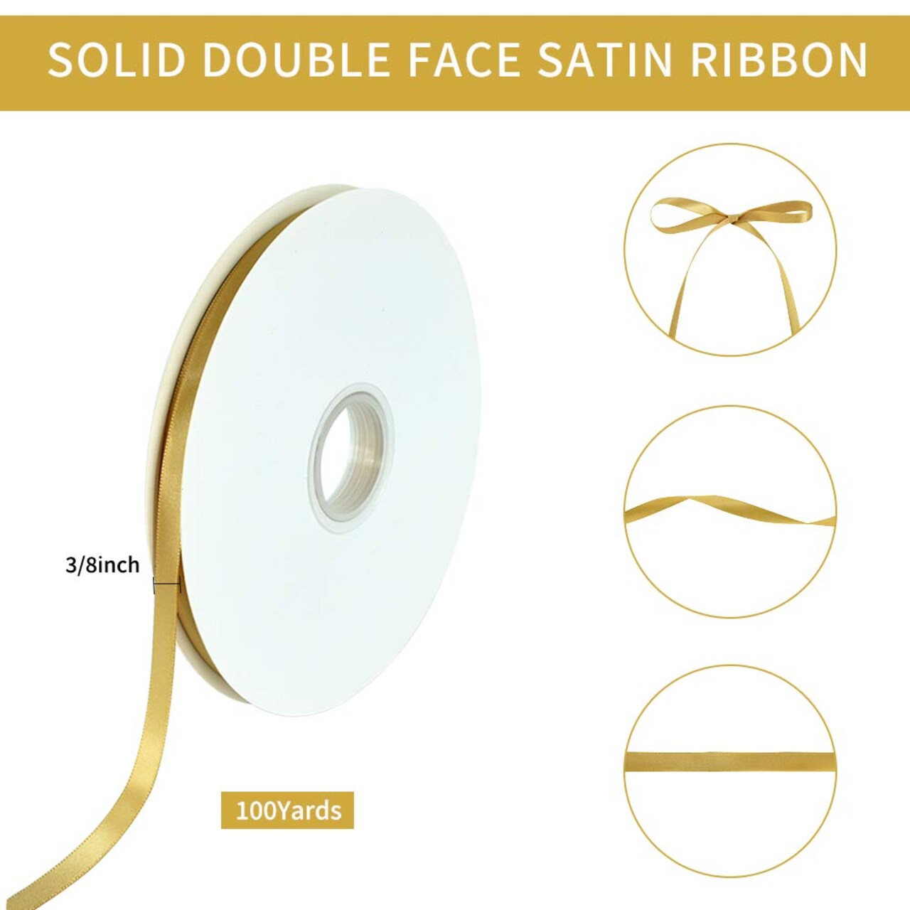 3/8 Inch x 100 yads Gold Satin Ribbon Thin Solid Fabric Ribbons Roll for Gift Wrapping Invitation Floral Hair Balloons Craft Sewing Party Wedding Popsicles Decoration Valentine's Day Bouquet